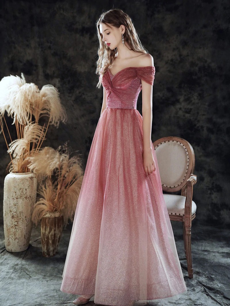 Pink Sweetheart Shiny Tulle Gradient Formal Dresses, Pink A-line Formal Dresses
